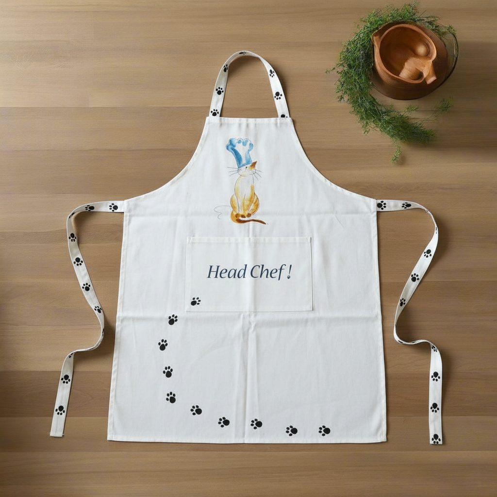 Head Chef Cat Apron โ 100% Cotton Apron with Pocket by Heritage Art Papers