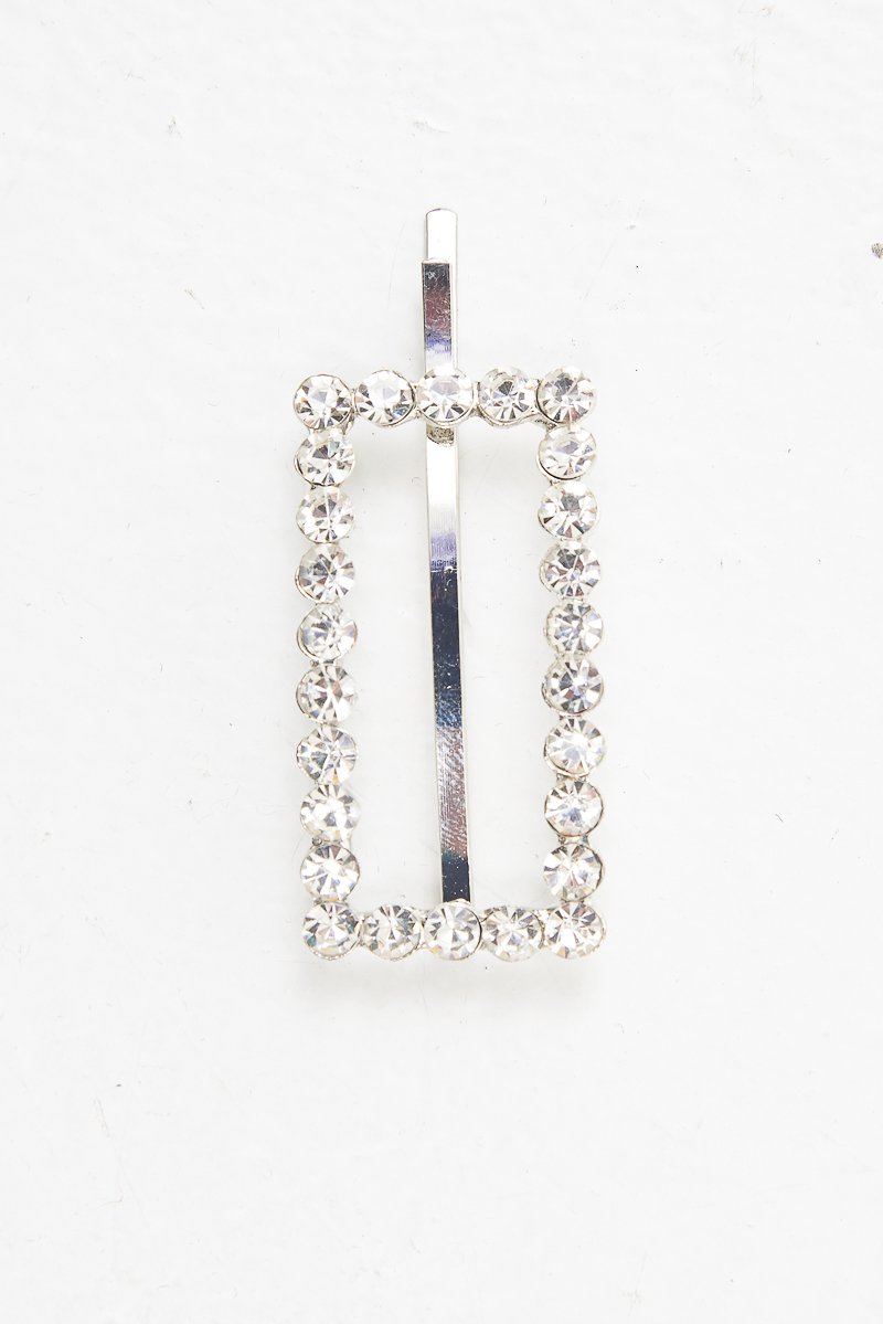 Silver Rectangle Diamante Detail Barrette - Bianca