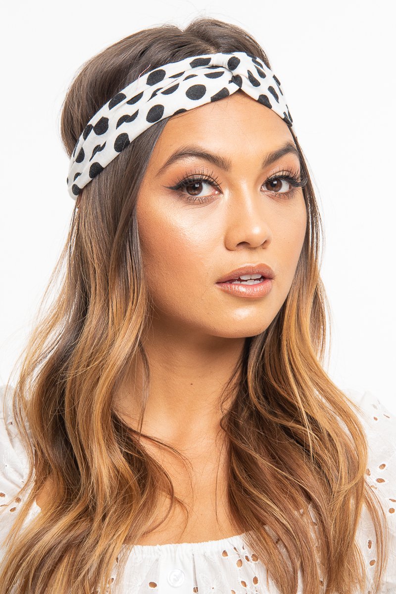 White Black Polka Dot Twist Headband - Kentlee