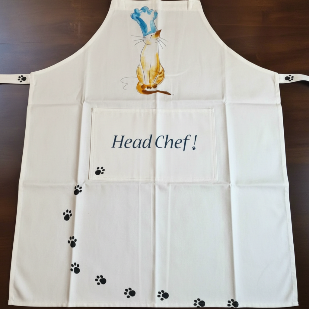 Head Chef Cat Apron – 100% Cotton Apron with Pocket by Heritage Art Papers